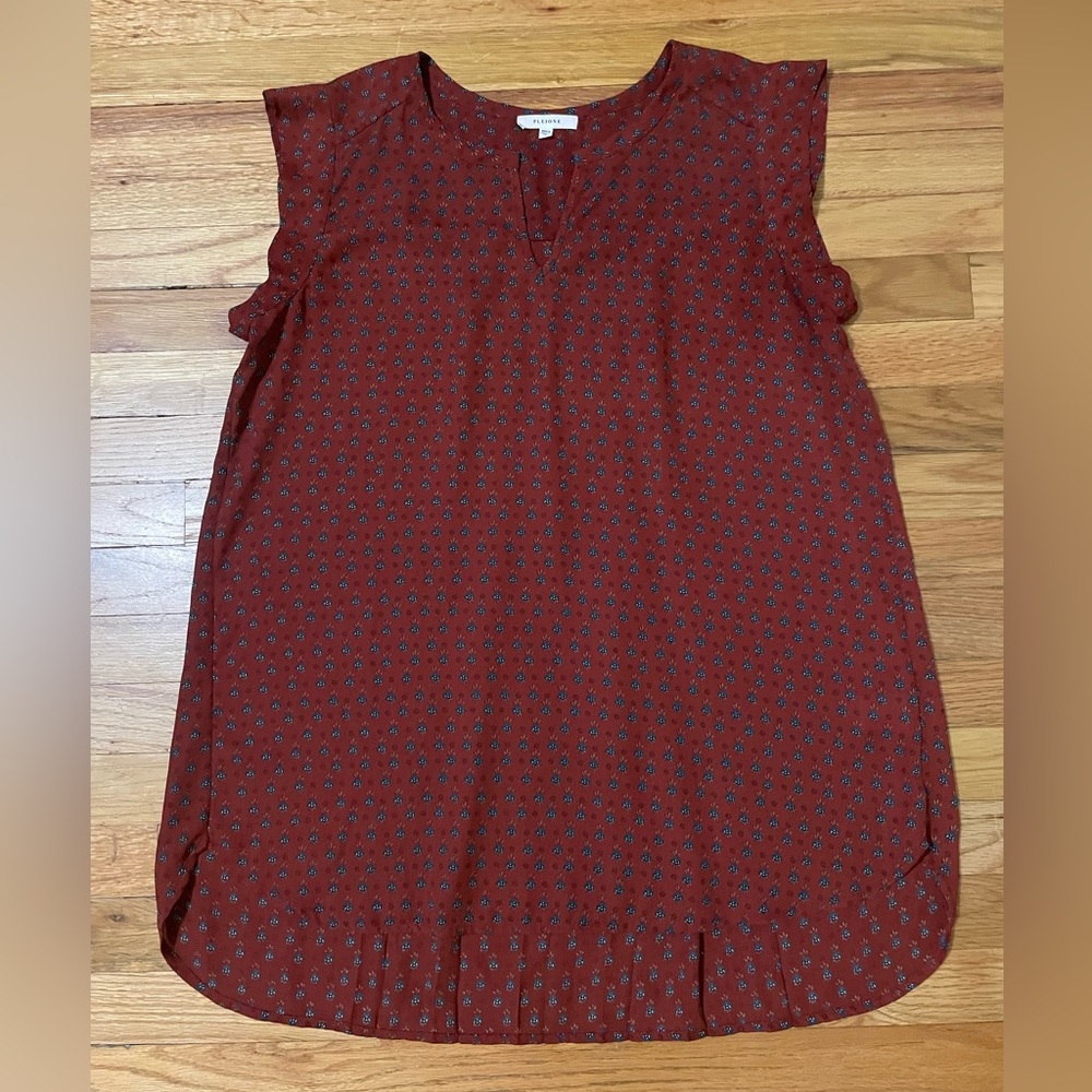 Pleione Rust Red Floral Cap-Sleeve Tunic Top in Size Small
